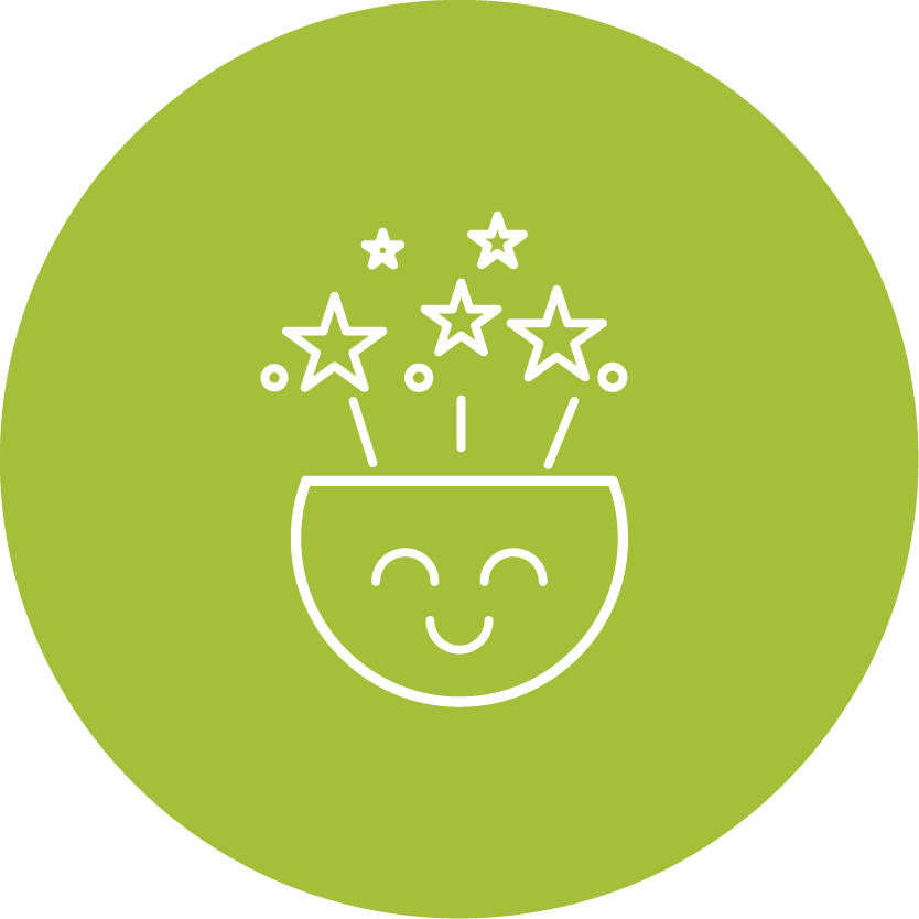 doodle linework of a happy face, with stars bursting from the top of the head